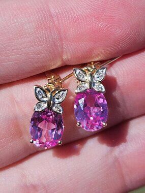 10K Yellow Gold Diamond Butterfly Pink Sapphire Dangle Gemstone Earrings